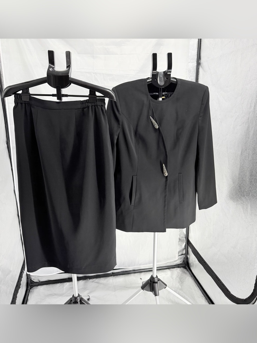 Champagne Italy Black Skirt Suit Set Jacket Skirt Long Sleeve Size 12 Church